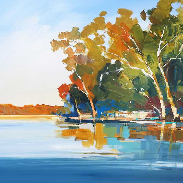 gum trees, river, sky, painting contemporary,  