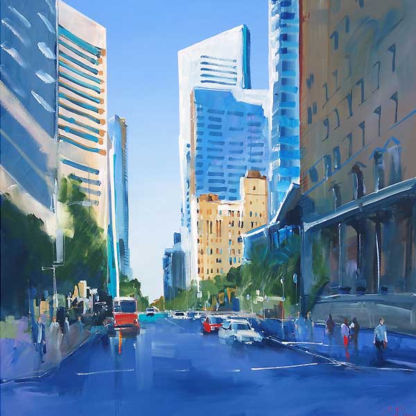 bombay sapphire gin, melbourne street scene, acrylic contemporary painting,  