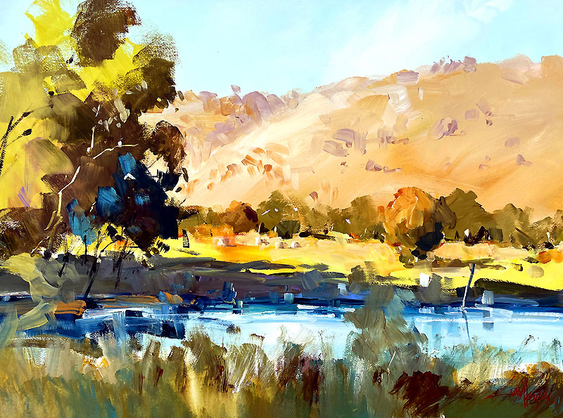 Omeo river original art, arches medium tooth paper, paint class, workshops, painting artists holiday, 