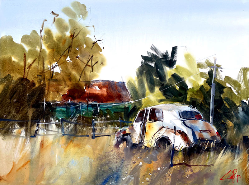 original hand painted outback landscape, retired old car, farmhouse country, artist retreats, 