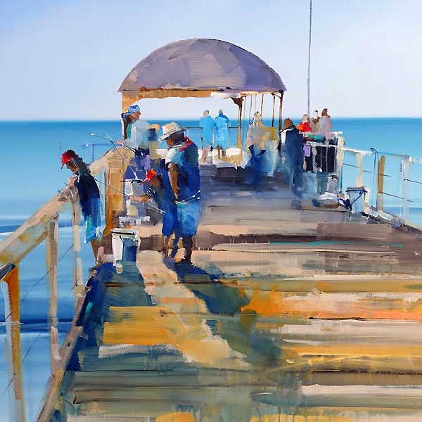 acrylic painting, commission, beach, pier, fishermen, artists painting, craig penny artist melbourne, 