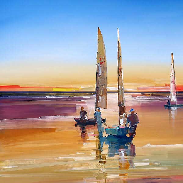 sunrise, sail boats, beach, contemporary acrylic painting, 