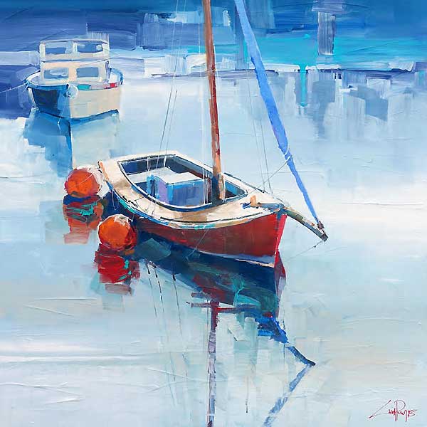 sailing boat moored, red buoys, contemporary painting, craig penny artist, commission, 