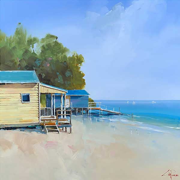 bathing boxes beach, peninsular painting,  craig penny,  