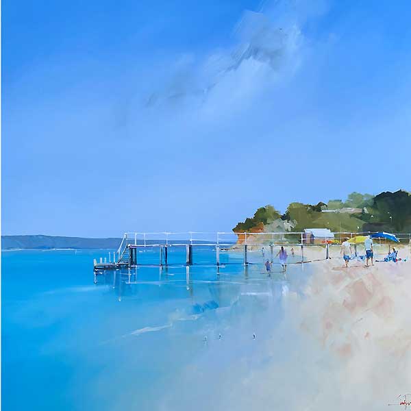beach day, sunny, blue water, beautiful painting contemporary beach scene, 