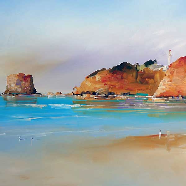 red rock face, sea, beach, bay, painting, 