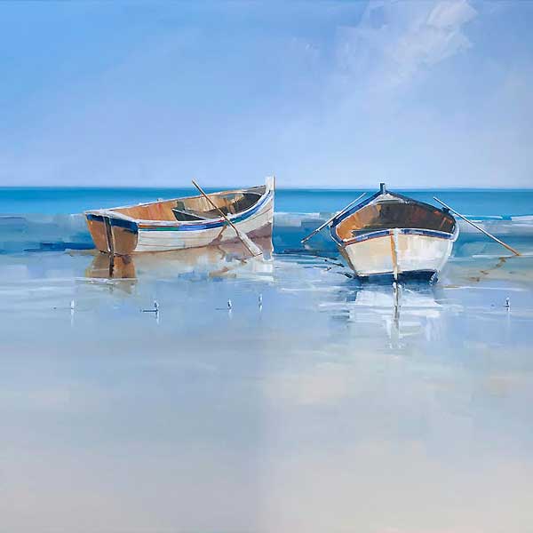 rowing boats, beach, acrylic painting, 
