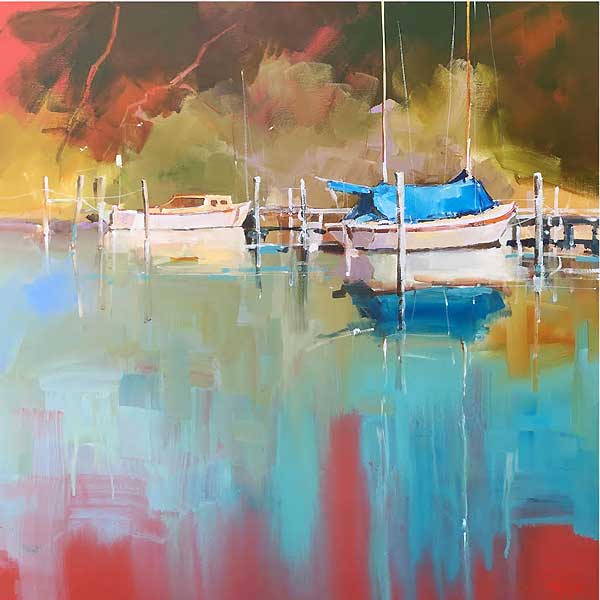 boats mooring painting, acrylic seascape, painting, contemporary art, 