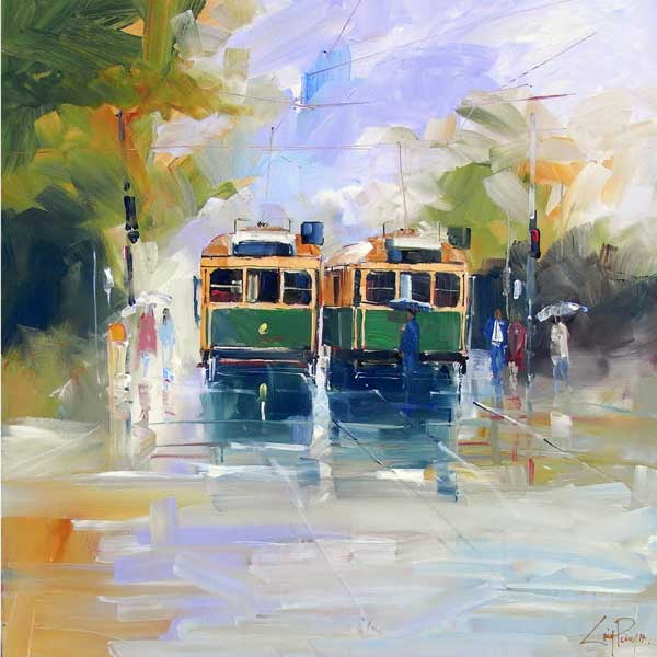 trams, melbourne, urban sketch, acrylic contemporary painting, craig penny commission, 