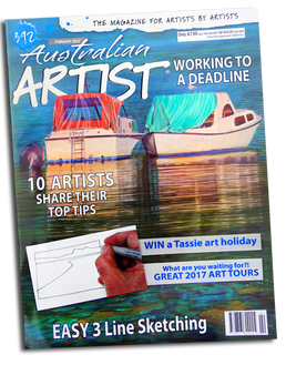 painting cover, australian artist magazine, boats, reflections, acrylic painting, 