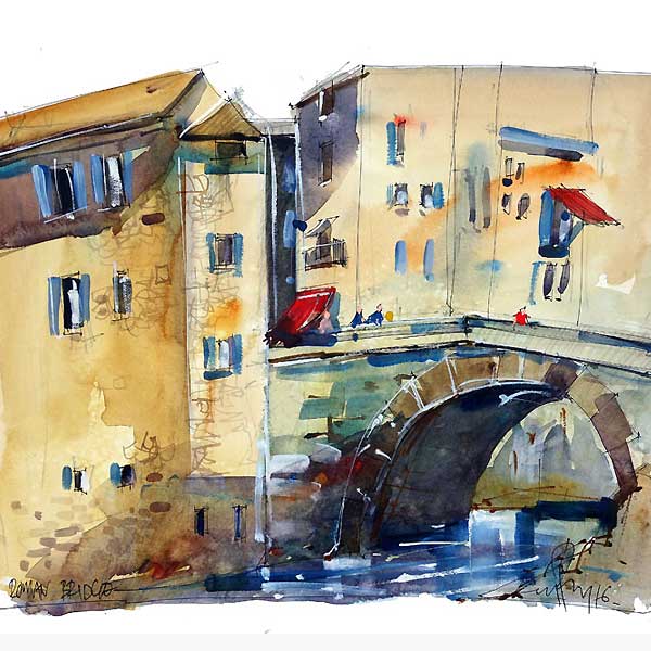 river crossing, bridge, village houses, urban sketching, 