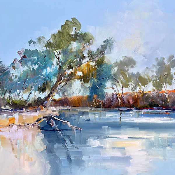 riverside, gum trees, big sky, acrylic painting, 