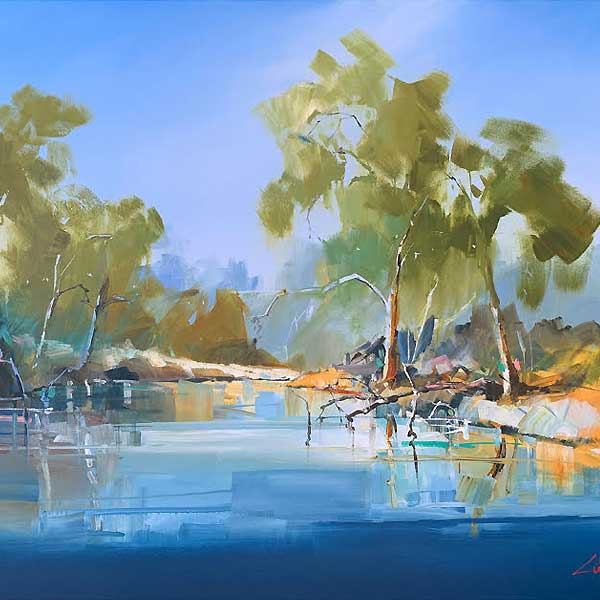 wide creek, bush area, gum trees, dry river banks, acrylic painting,  