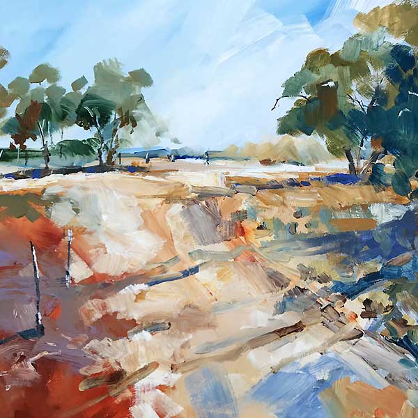 rough track, outback blackall, gum trees, red soil, painting, craig penny, 
