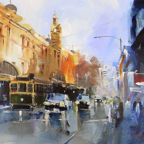 melbourne trams, flinders street painting, contemporary streetscape, acrylic, craig penny,  