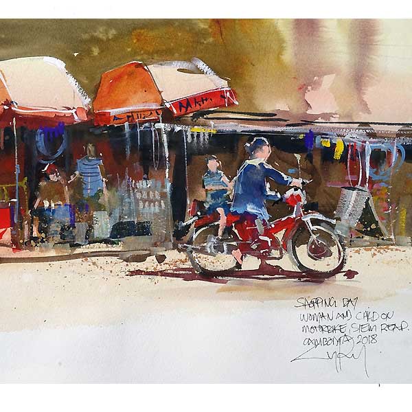 motorbike shopping,  village painting, urban sketching, 