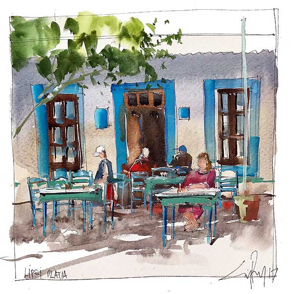 greek village cafe, water colour sketch, 