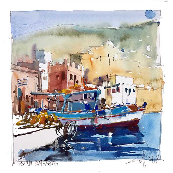 lipsi harbour, fishing boat sketching, drawing, watercolour sketch, painting holidays greek islands,  