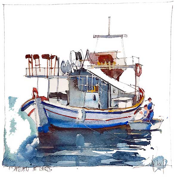 greek fishing boat, painting, watercolour, pencil, drawing, 