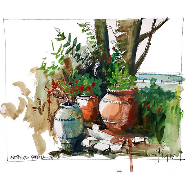 terra cotta pottery, greek village, water colour sketch, 