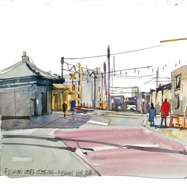 Fushimi railway crossing, fushimi temple, sketching drawing, sumi e calligraphy, art holidays, painting, 
